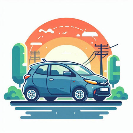 Car on the road. Vector illustration in flat cartoon style. Side view.のイラスト素材
