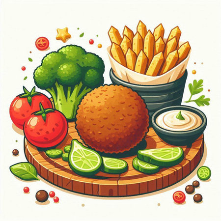 Illustration of fresh vegetables with french fries and sauce on wooden boardのイラスト素材