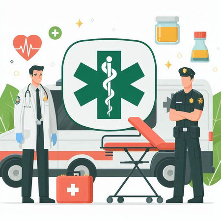 Medical staff and ambulance. Health care concept. Vector illustration in flat styleのイラスト素材