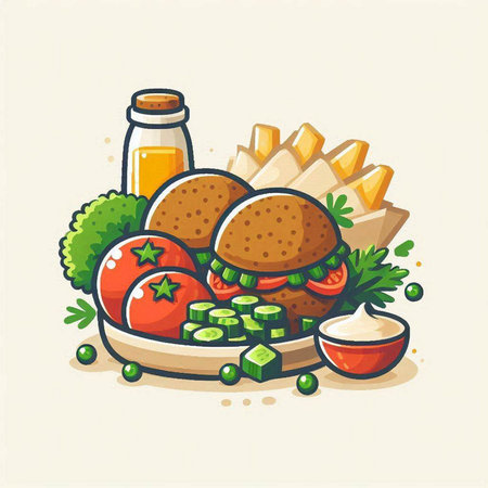 Homemade hamburger with fresh vegetables and sauce. Vector illustration.のイラスト素材