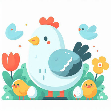 Vector illustration with cute cartoon chicken, chicks and flowers on white background.のイラスト素材