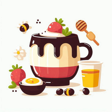 Cup of tea with whipped cream, strawberries, honey and nuts. Vector illustration.のイラスト素材