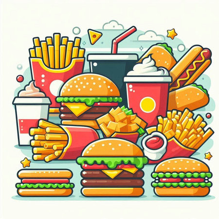 Fast food vector illustration. Hamburger, cheeseburger, french fries, soda drink, ice cream.のイラスト素材