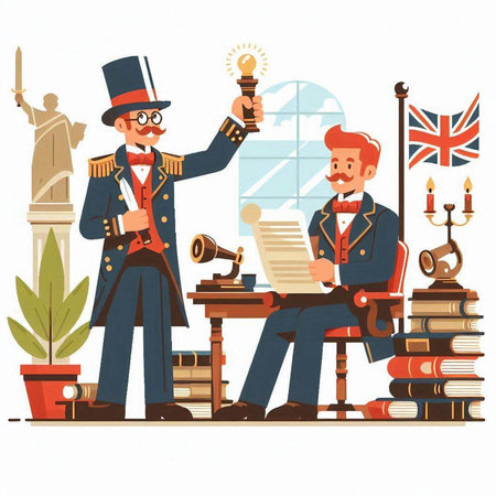 London, United Kingdom. Vector illustration in flat cartoon style. Man reading newspaper and reading book.のイラスト素材