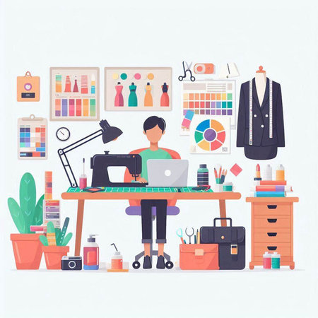 Male fashion designer working at his workplace. Vector illustration in flat styleのイラスト素材