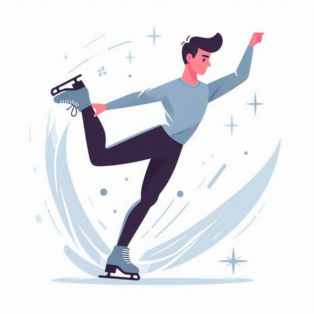 Figure skating flat vector illustration. Young man in sportswear riding on ice rink. Winter sport.のイラスト素材