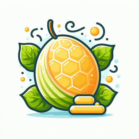 Cute cartoon melon with green leaves and golden honey. Vector illustrationのイラスト素材