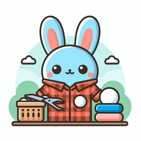 Cute cartoon rabbit in a plaid shirt with a gift box. Vector illustrationのイラスト素材