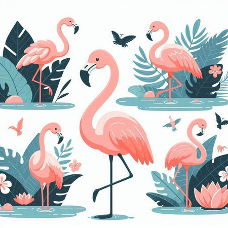 Set of flamingos and tropical plants. Vector illustration in flat style.のイラスト素材