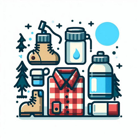 Set of camping equipment and accessories. Vector illustration. Flat style.のイラスト素材
