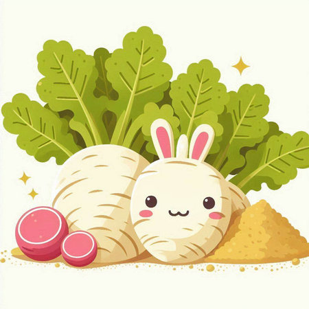 Easter bunny with radish and radish. Vector illustration.のイラスト素材