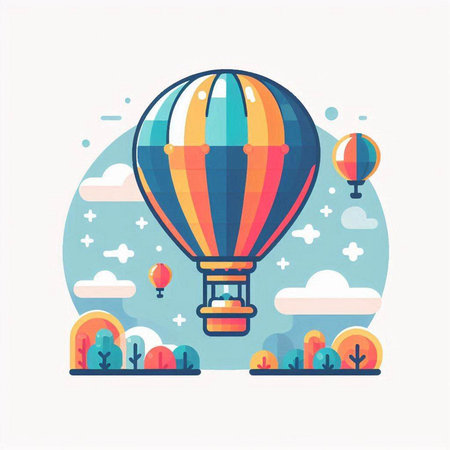 Hot air balloon flying in the sky. Vector illustration in flat styleのイラスト素材