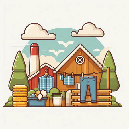 Vector illustration of cartoon farm house in flat style. Rural landscape with barn, trees and plants.のイラスト素材