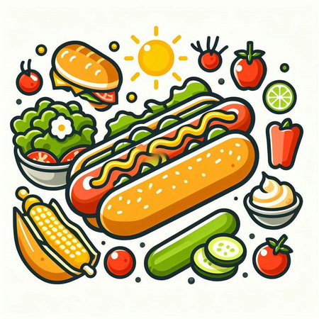 Vector illustration of hot dog with vegetables and fruits on white background.のイラスト素材