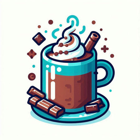 Cup of hot chocolate with whipped cream and cinnamon. Vector illustration.のイラスト素材