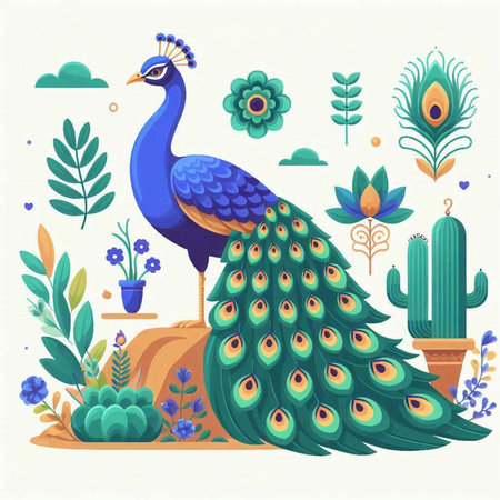 Vector illustration of peacock and cactuses in the garden.のイラスト素材