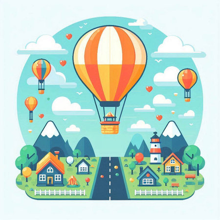 Vector illustration of a village with hot air balloons, houses and trees.のイラスト素材
