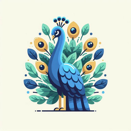 Peacock with flowers and leaves. Vector illustration in flat style.のイラスト素材