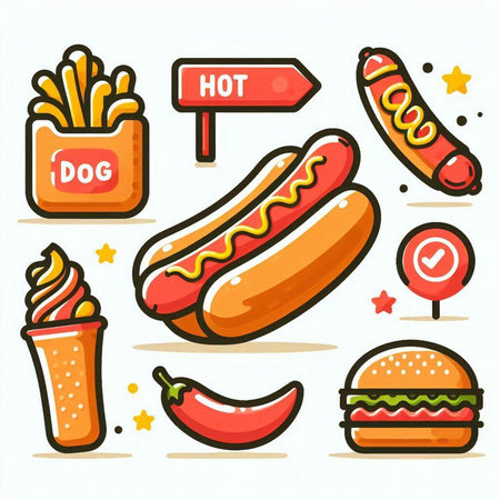 Hot dog icon set. Collection of fast food icons. Vector illustration.のイラスト素材