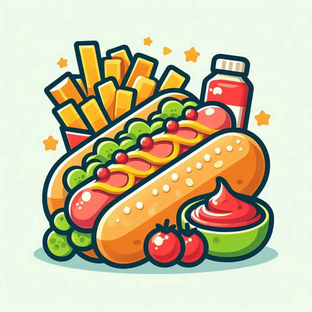 Hot dog with fries and ketchup. Fast food vector illustration.のイラスト素材