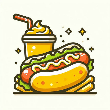Fast food icon. Hot dog, mustard and ketchup. Vector illustrationのイラスト素材