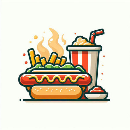 Fast food icon. Hot dog, french fries and drink. Vector illustrationのイラスト素材