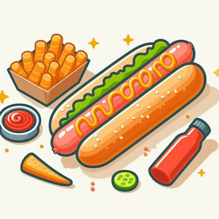 Hot dogs with mustard, ketchup and mayonnaise. Vector illustrationのイラスト素材