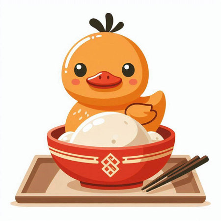 Illustration of a cute duck in a bowl with rice and chopsticksのイラスト素材