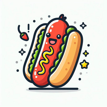 Hot dog vector illustration. Cute kawaii fast food character.のイラスト素材