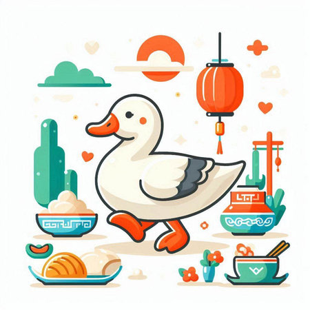 Duck and Chinese New Year. Vector illustration in flat style.のイラスト素材