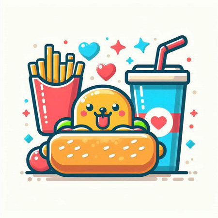 Fast food vector illustration. Cute kawaii hamburger, french fries, soda, drink.のイラスト素材