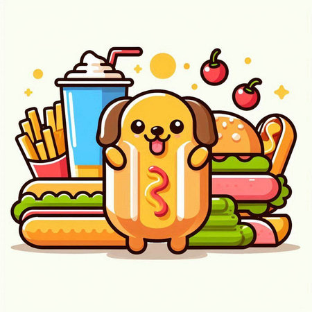 Fast food vector illustration. Cute cartoon dog with hamburger and french fries.のイラスト素材