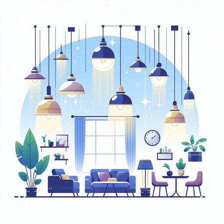 Living room interior with furniture and lamps. Vector illustration in flat styleのイラスト素材