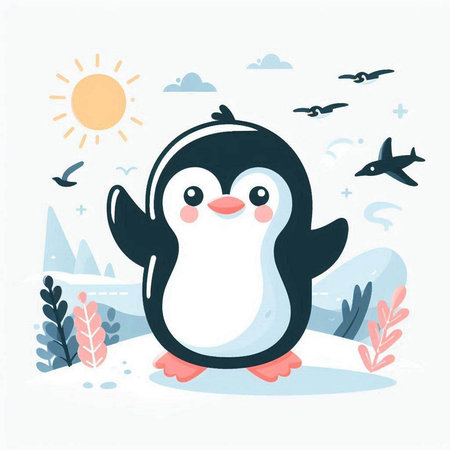 Cute penguin on the snow in the winter. Vector illustration.のイラスト素材