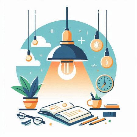 Vector illustration of a lamp, books, glasses, plant, clock, coffee cup.のイラスト素材