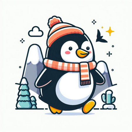 Cute cartoon penguin in warm hat and scarf. Vector illustration.のイラスト素材
