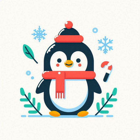 Cute penguin with scarf and hat. Winter vector illustration.のイラスト素材