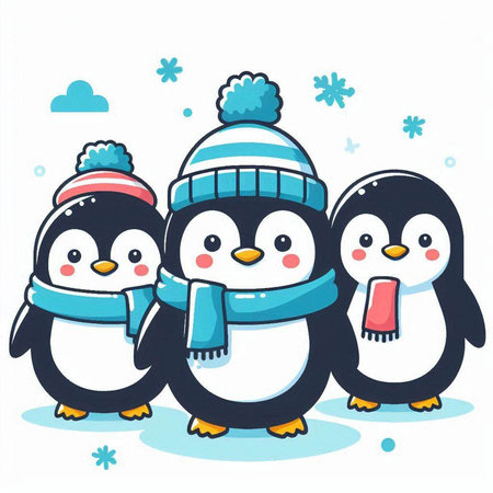 Cute penguins in winter hats and scarves. Vector illustration.のイラスト素材