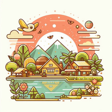 Vector illustration of a village on the shore of the lake. Landscape in the style of flat design.のイラスト素材