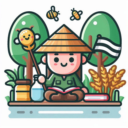Cute farmer reading a book in the park. Vector illustration.のイラスト素材