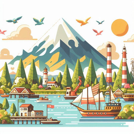 Seascape with ships, mountains and houses. Vector illustration.のイラスト素材