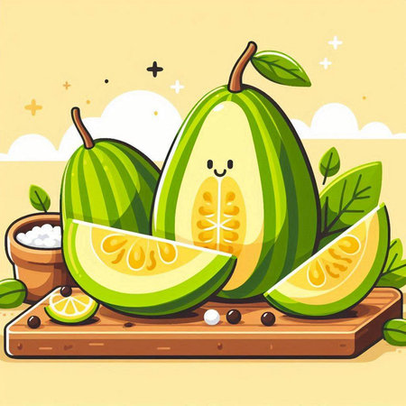 Illustration of Cute Watermelon on a Wooden Chopping Boardのイラスト素材