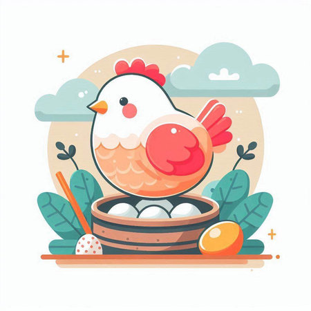 Cute chicken with eggs in a wooden bowl. Vector illustration.のイラスト素材
