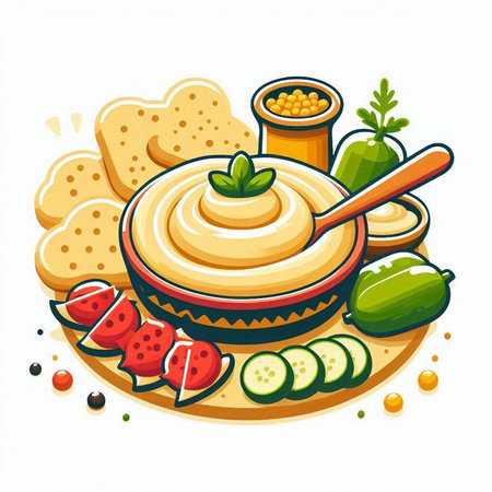 Illustration of a bowl of hummus and ingredients on a white backgroundのイラスト素材