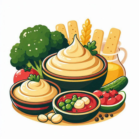 Vector illustration of a bowl of hummus with different vegetables and spicesのイラスト素材