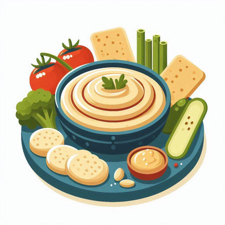 Vector illustration of hummus in bowl with vegetables and crackers.のイラスト素材