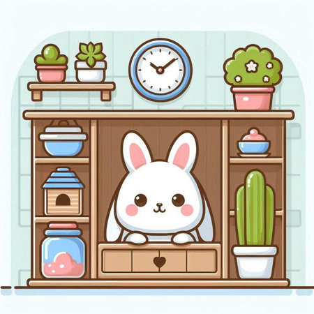 Cute rabbit sitting on the cabinet in the room. Vector illustration.のイラスト素材