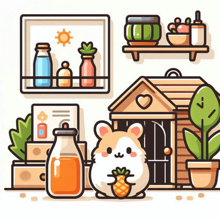 Cute hamster with bottle of juice in the kitchen. Vector illustration.のイラスト素材