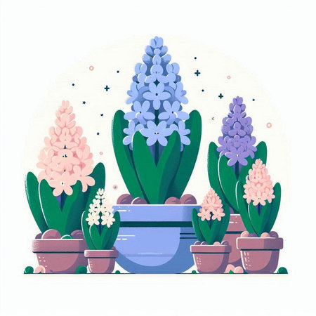 Flowering hyacinths in pots. Vector illustration.のイラスト素材