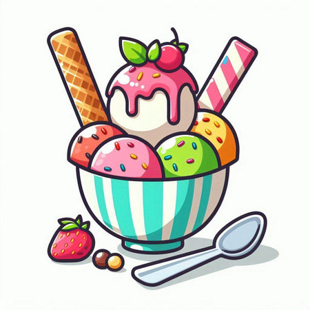 Ice cream in bowl with spoon and strawberry on white background vector illustrationのイラスト素材